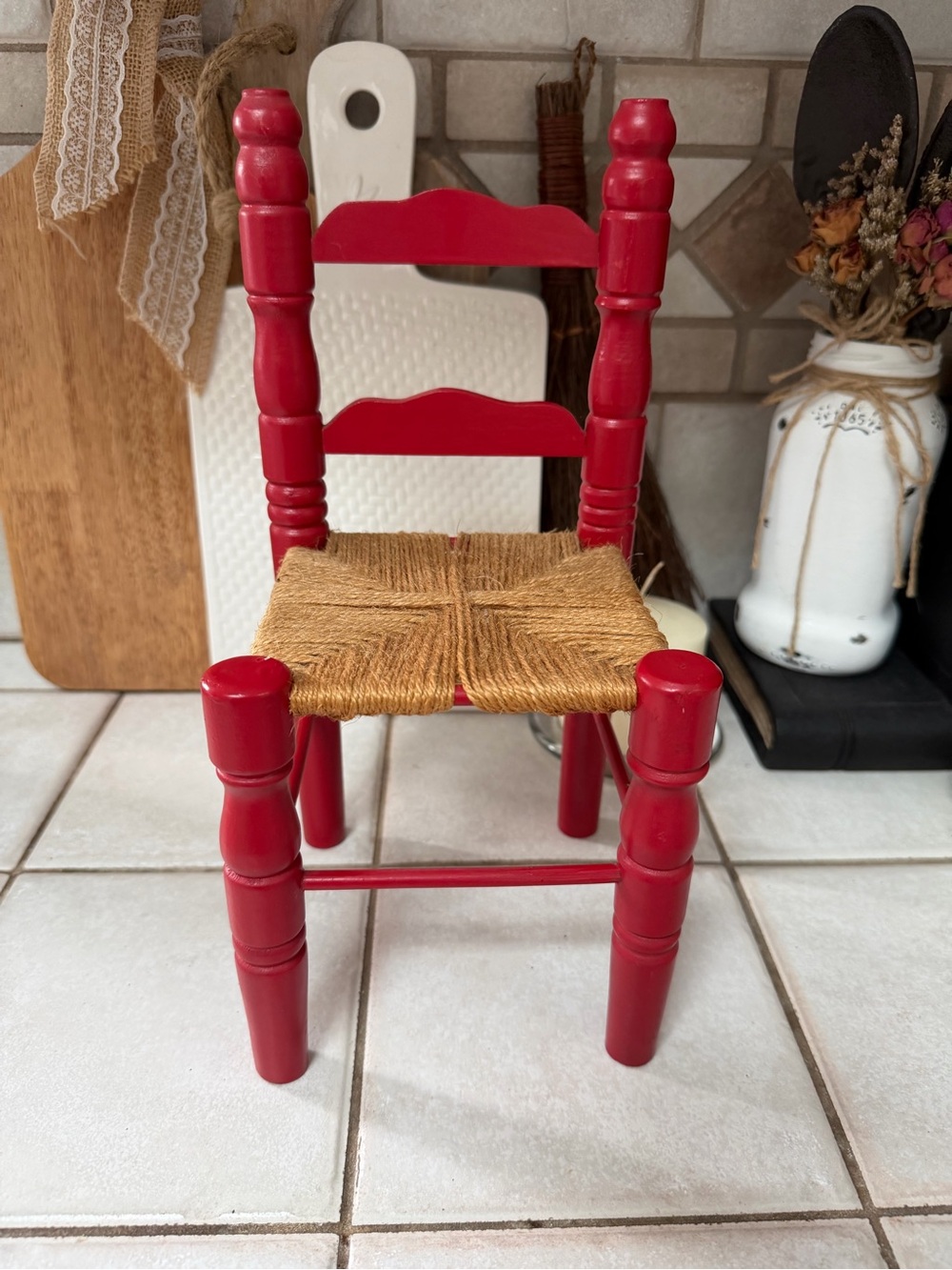 Vintage Wood Doll Chair, Red Ladderback Jute Seat, Farmhouse Decor (12 Inches)